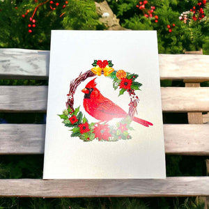 Red Cardinal Bird with Poinsettia Wreath 3d christmas Pop up greeting Card