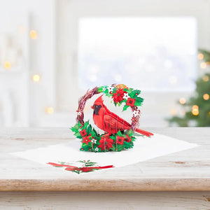 Red Cardinal Bird with Poinsettia Wreath 3d christmas Pop up greeting Card
