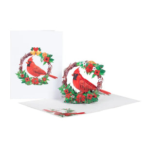 Red Cardinal Bird with Poinsettia Wreath 3d christmas Pop up greeting Card