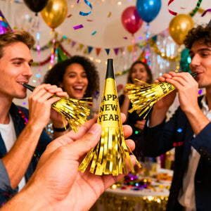 Metallic NYE horn with tassels for party celebrations