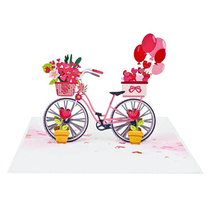 Happy Valentine's Day Bicycle 3D Pop-Up Card with Red Flower Basket