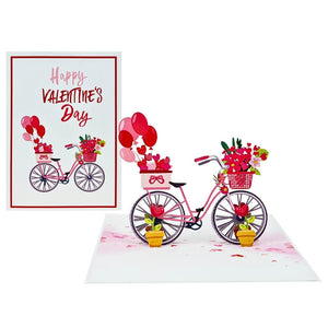 Happy Valentine's Day Bicycle 3D Pop-Up Card with Red Flower Basket