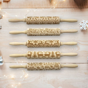 Wooden Christmas embossing rolling pin with engraved patterns