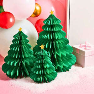 festive green honeycomb trees holiday party table decor