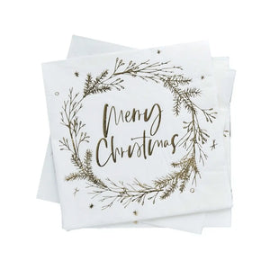 Gold foil Merry Christmas wreath napkins for holiday lunch and Christmas party table decor