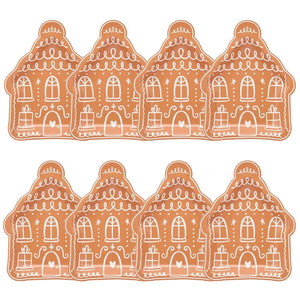 Holiday paper plates shaped like gingerbread houses with festive accents