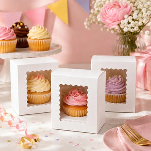 Cake Craft white single hole cupcake box with clear window.