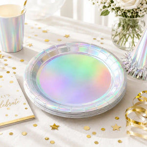 Iridescent silver holographic paper party plates 23cm pack of 6