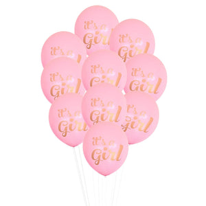 Gender reveal its a girl latex balloons pink with gold lettering