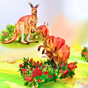 Handmade Aussie greeting card featuring kangaroo with joey in pouch