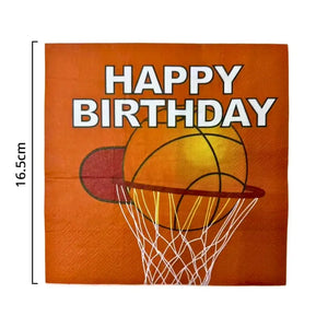 Sports-themed Happy Birthday paper napkins measuring approximately 16.5cm