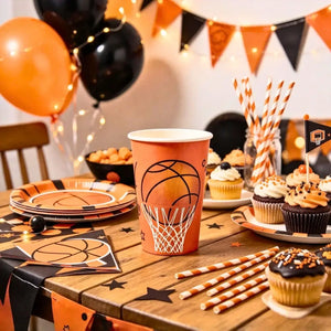 Disposable paper drink cups for a basketball birthday party