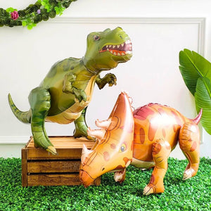 Large 3D Free Standing Orange Triceratops & green t-rex Dinosaur Foil Balloons