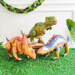 Large 3D Free Standing Orange Triceratops, blue ankylosaurus & green t-rex Dinosaur Foil Balloons