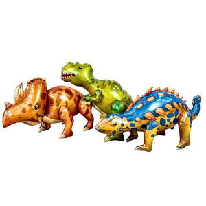 Three colorful inflatable dinosaur toys on a white background