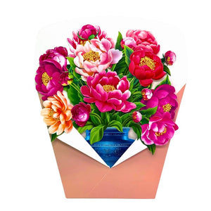 Peonies Pink Rose 3D Pop-Up Flower Bouquet in Dark Blue Ceramic Vase
