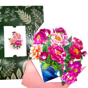 Peonies Pink Rose 3D Pop-Up Flower Bouquet in Dark Blue Ceramic Vase