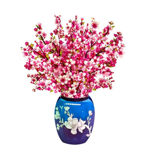 Sakura Pink Cherry Blossom 3D Pop-Up Flower Bouquet in Blue Vase Greeting Card