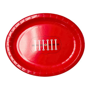 Red paper plate with a football design on a white background