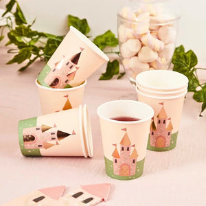 Princess castle paper cups with pink castle and floral grass design