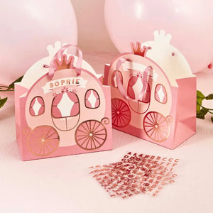 Little Princess pink carriage party bags with rose gold stickers and ribbon handles