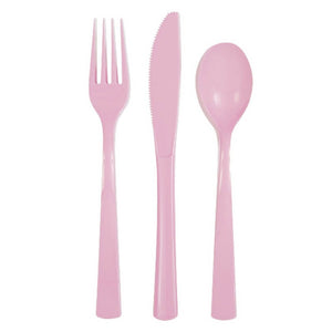 Pink forks knives and spoons reusable party set