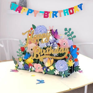 Luxury Gold Glitter Happy Birthday with Spring Garden & Butterfly Pop Up Card
