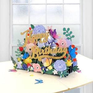 Luxury Gold Glitter Happy Birthday with Spring Garden & Butterfly Pop Up Card