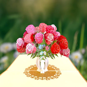 Luxury Red & Pink Rose Bouquet in White Vase 3D Pop Up Card