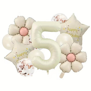Matte cream Happy Birthday balloons with star, daisy and number foil age 5