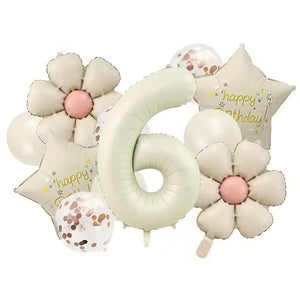 Matte cream Happy Birthday balloons with star, daisy and number foil age 6