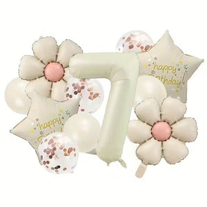 Matte cream Happy Birthday balloons with star, daisy and number foil age 7
