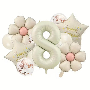 Matte cream Happy Birthday balloons with star, daisy and number foil age 8