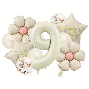 Matte cream Happy Birthday balloons with star, daisy and number foil age 9