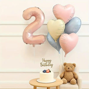 Jumbo pink number foil balloon with pink, cream, and blue heart foils number 2