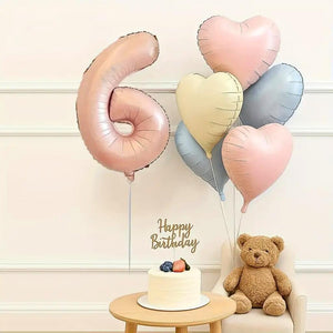 Matte pink, cream, and blue heart balloons with number foil for milestone parties age 6