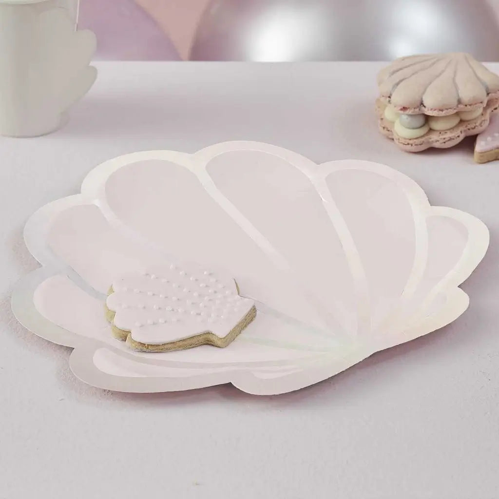 Iridescent and Pink Foiled Mermaid Shell Shaped Paper Plates 8pk