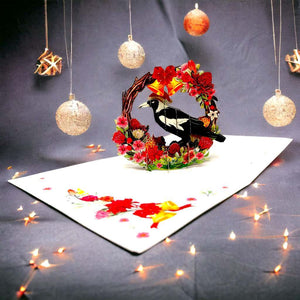 Australian Magpie in Native Flower Wreath 3d Pop up christmas greeting Card