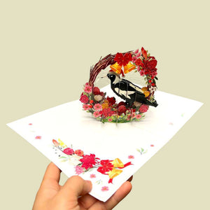 Australian Magpie in Native Flower Wreath 3d Pop up christmas greeting Card