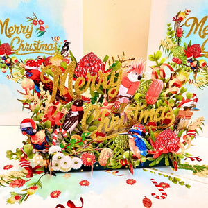 Handmade Aussie Merry Christmas card with rainbow lorikeets and kookaburras