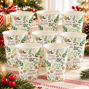 Pack of eight 270ml botanical Christmas paper cups