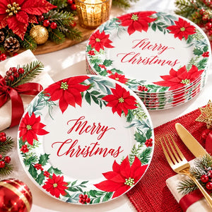 Merry Christmas poinsettia paper plate with a festive foliage border