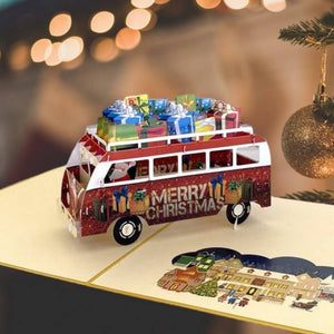 Santa Driving Red Vintage Kombi with Xmas Presents Pop Up Card - Gold Cover