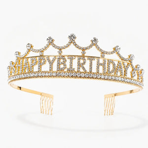 Gold Metal Rhinestone Happy Birthday Princess Headband