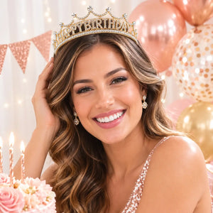 Gold Metal Rhinestone Happy Birthday Princess Headband