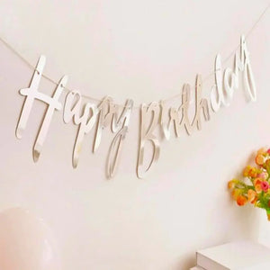 Metallic Silver Foil Happy Birthday Bunting GarlandMetallic Silver Foil Happy Birthday paper banner Bunting Garland