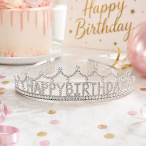 Silver Metal Rhinestone Happy Birthday Princess Headband