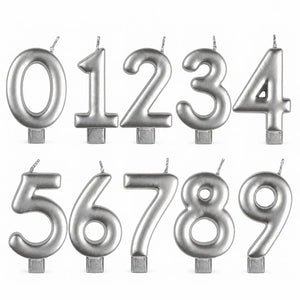 Metallic silver moulded number birthday candles from 0 to 9