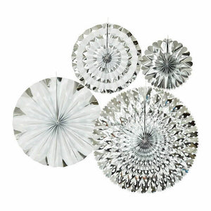 Metallic Silver Hanging Decorative Paper Fan 4 Pack