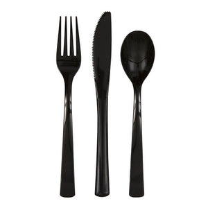 Pack of 18 Midnight Black Reusable Plastic Cutlery Set fork knife spoon